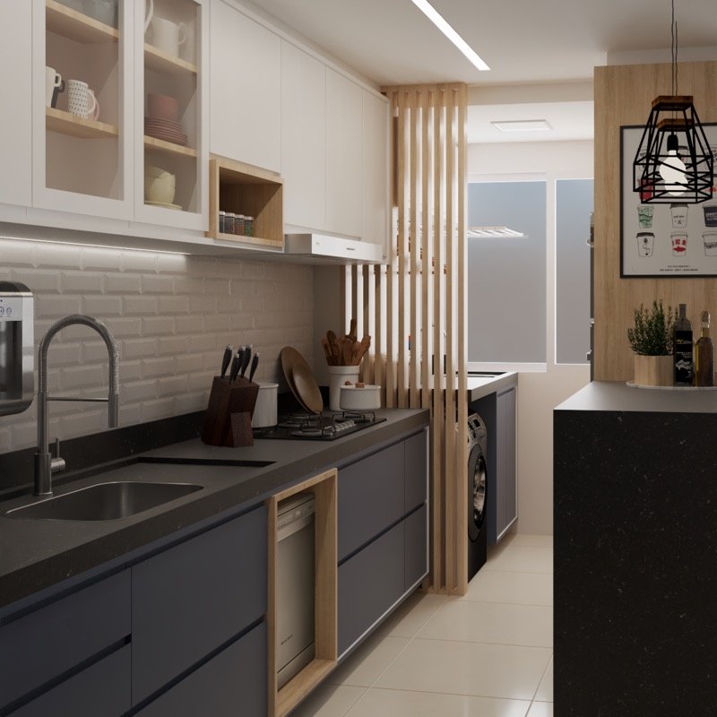 Cozinha de apartamento com armários brancos e azul-petróleo e divisória ripada, projeto de interiores em Goiânia