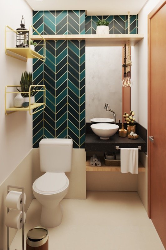 Lavabo com papel de parede geométrico verde e dourado e cuba de apoio branca