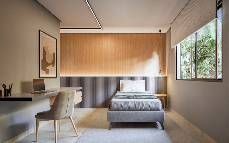 Quarto de solteiro com marcenaria ripada e bancada de estudos suspensa