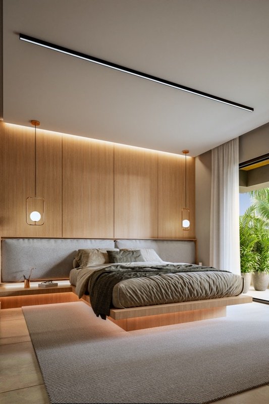 Suíte master com marcenaria em madeira e cama suspensa com iluminação indireta