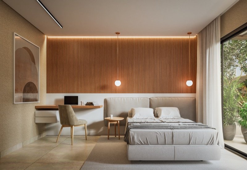 Quarto com painel ripado em madeira e home office integrado em projeto de arquitetura residencial